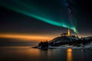 the aurora borealis lights up the sky over a lighthouse. AI-Generated photo