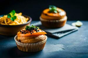 two cupcakes with cheese and vegetables on a table. AI-Generated photo