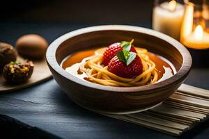 spaghetti with a strawberry in a bowl. AI-Generated photo