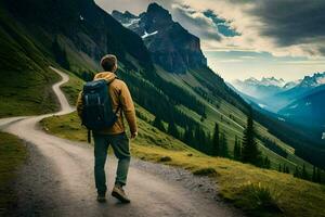 hombre caminando en un la carretera en el montañas. generado por ai foto