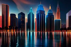 a city skyline at night with lights reflecting in the water. AI-Generated photo