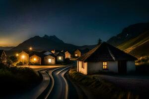 un pueblo a noche con un devanado la carretera. generado por ai foto