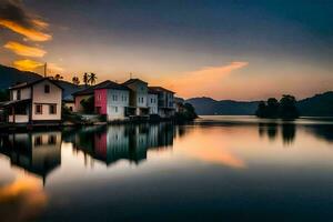 un hermosa puesta de sol terminado un lago con casas en el costa. generado por ai foto