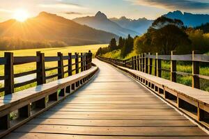 a wooden bridge leads to a mountain range at sunset. AI-Generated photo