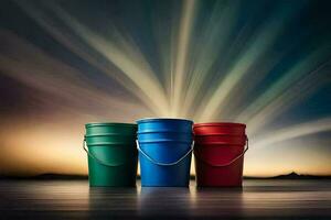 three buckets of different colors on a wooden floor. AI-Generated photo