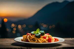 pasta con tomate salsa y albahaca hojas en un lámina. generado por ai foto