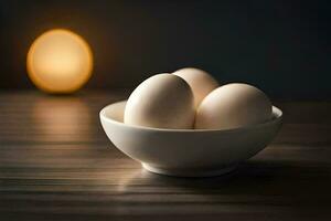 three eggs in a bowl on a table. AI-Generated photo