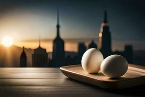 two eggs on a plate in front of a cityscape. AI-Generated photo