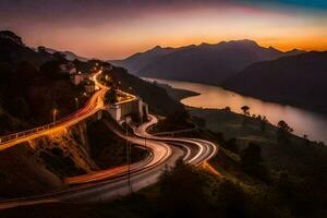 a winding road with cars passing by at sunset. AI-Generated photo