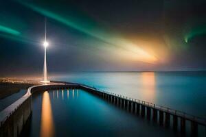 a long pier with a lighthouse and aurora lights. AI-Generated photo