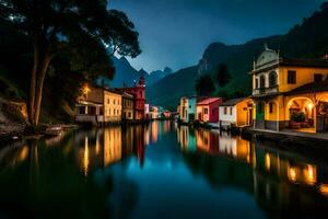 photo wallpaper the sky, water, houses, the night, the mountains, the river, the. AI-Generated