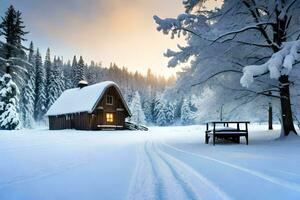 a cabin in the snow with trees and snow. AI-Generated photo