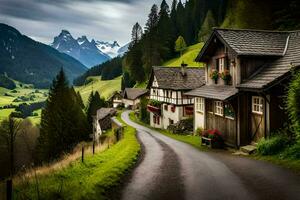 a road leading to a mountain village with houses. AI-Generated photo