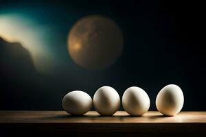 cuatro huevos son forrado arriba en un mesa con un lleno Luna en el antecedentes. generado por ai foto