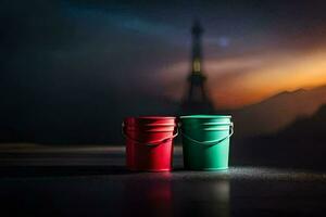 two red and green buckets sit on a table in front of the eiffel tower. AI-Generated photo