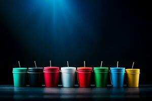 a row of colorful plastic cups on a dark background. AI-Generated photo