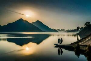 two people stand on a boat in front of a mountain. AI-Generated photo