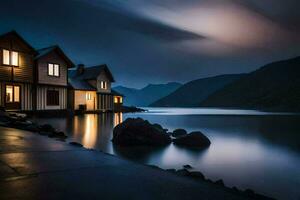 photo wallpaper the moon, night, the water, the mountains, the lake, the house,. AI-Generated