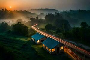 un casa y un la carretera en el brumoso campo. generado por ai foto