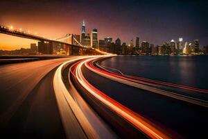 un largo exposición fotografía de un ciudad horizonte a noche. generado por ai foto