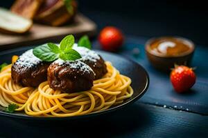 spaghetti with meatballs and bread on a plate. AI-Generated photo