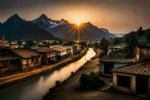 the sun rises over a river in a village. AI-Generated photo