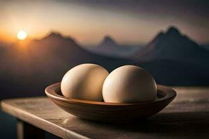 dos huevos en un de madera cuenco en un mesa con montañas en el antecedentes. generado por ai foto