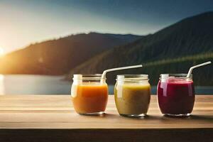 three different smoothies in jars on a table. AI-Generated photo