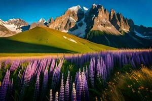 the lupine flowers in the foreground are the same color as the mountains. AI-Generated photo