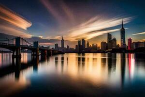 el ciudad horizonte a puesta de sol con un puente y agua. generado por ai foto