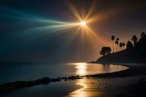 a bright light shines over the ocean and a beach. AI-Generated photo