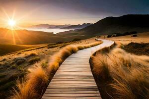 a wooden path leads to the sunset in the mountains. AI-Generated photo