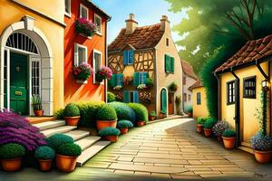 a painting of a street with potted plants and flowers. AI-Generated photo