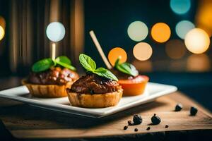 three mini meatballs on a plate with toothpicks. AI-Generated photo