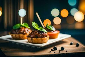 Tres mini albóndigas en un plato con palillos de dientes generado por ai foto