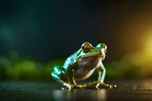 a frog is standing on a dark surface. AI-Generated photo