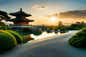el japonés jardín a el Kioto castillo. generado por ai foto