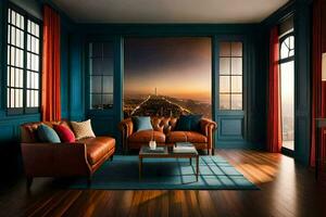 a living room with blue walls and wooden floors. AI-Generated photo