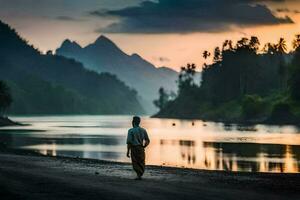 a man walking along the shore of a river at sunset. AI-Generated photo