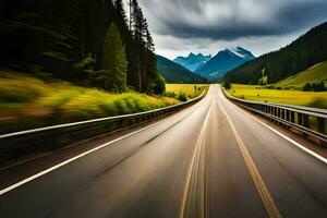 un borroso imagen de un la carretera con montañas en el antecedentes. generado por ai foto