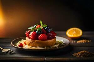 the food is served on a plate with a fork and a slice of lemon. AI-Generated photo