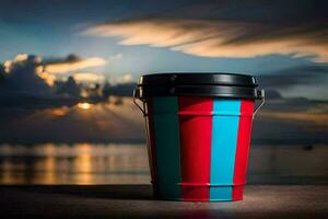 a red and blue bucket sitting on a table in front of the ocean. AI-Generated photo