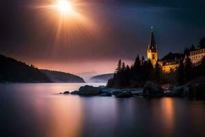 foto fondo de pantalla el cielo, lago, iglesia, el luna, el sol, el luna, el. generado por ai