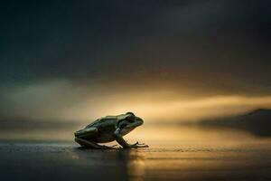 a frog sitting on the ground at sunset. AI-Generated photo