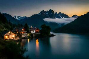 foto fondo de pantalla el cielo, montañas, lago, casa, el casa, el lago, el montañas. generado por ai