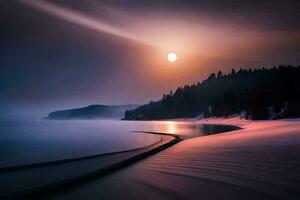 a long exposure photograph of the moon over a beach. AI-Generated photo