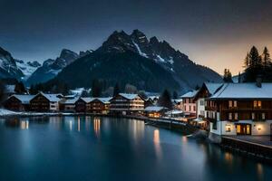 un lago y casas en el montañas a oscuridad. generado por ai foto