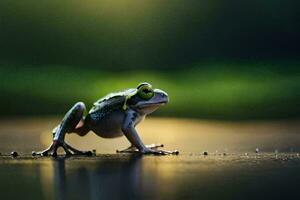 a frog is standing on the ground with its eyes open. AI-Generated photo