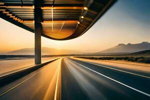 un autopista con un puente y montañas en el antecedentes. generado por ai foto