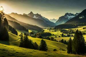 the sun shines over a valley with green grass and trees. AI-Generated photo